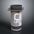Gray Cylindrical Washbasin With Black Top Yellow Black Warning Stripes And C UNIT Logo