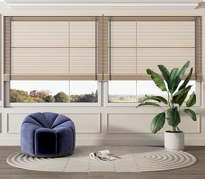 Venetian Blinds Enhance Cozy Interior With Blue Chair Green Plant And Scenic Window View 3d model