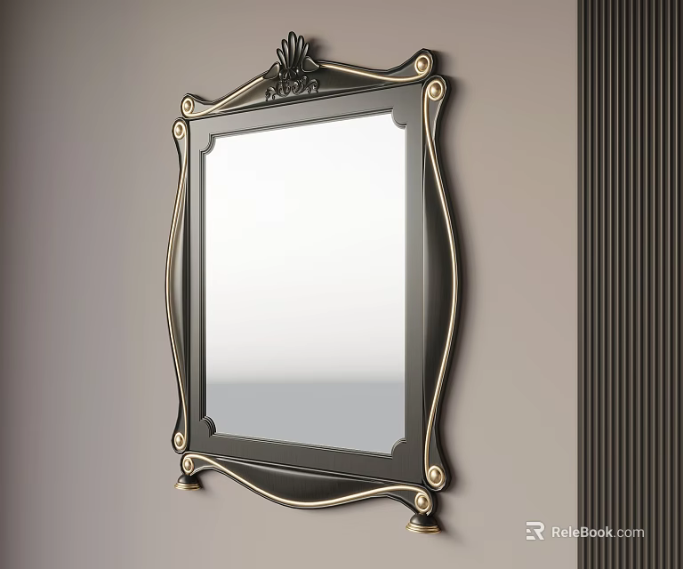 Elegant Wall Mounted Mirror With Ornate Gold And Black Frame Decorative Details 3d model 