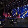Modern Bar Interior With Neon Decor City Skyline View And Blue Lighting