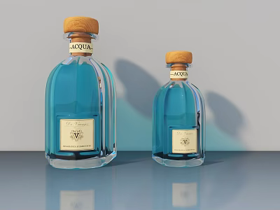 Blue Vodka Glass Bottles With Wooden Cork Caps And Striped Design Labels 3d model