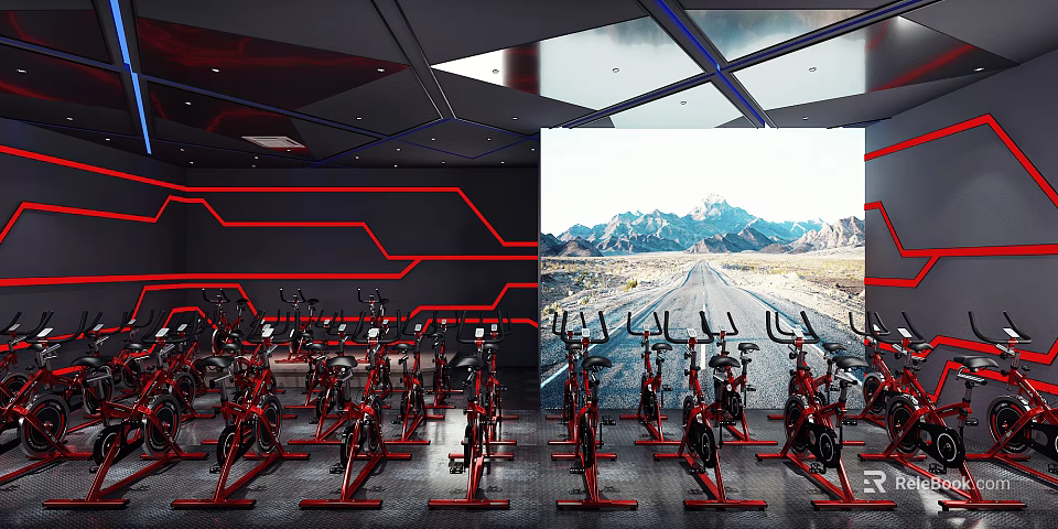 Fitness Studio With Spin Bikes Red Line Wall Design And Large Screen Mountain Road Scenery 3d model 