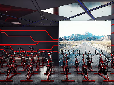 Fitness Studio With Spin Bikes Red Line Wall Design And Large Screen Mountain Road Scenery 3d model
