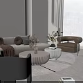 Curved Sofa Coffee Table Combination With Accent Armchair Decorative Pillows Throw Blanket And Green Plant