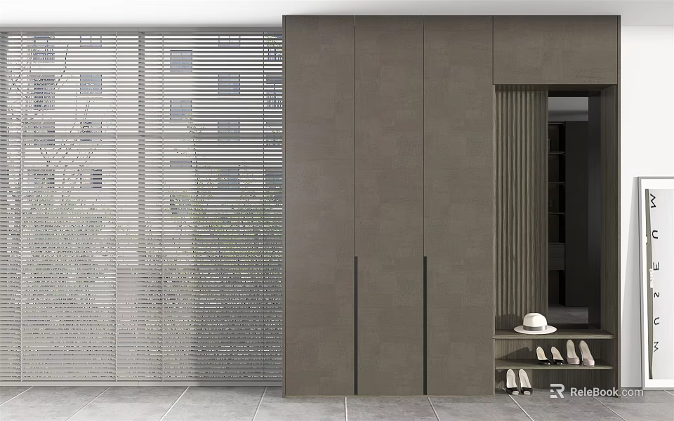 Modern Sleek Gray Shoe Cabinet With Panel Doors And Shoe Shelf Interior 3d model 