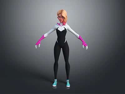 Game and Movie Character With Blonde Hair Black White Bodysuit Pink Gloves Blue White Sneakers 3d model