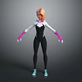Game and Movie Character With Blonde Hair Black White Bodysuit Pink Gloves Blue White Sneakers