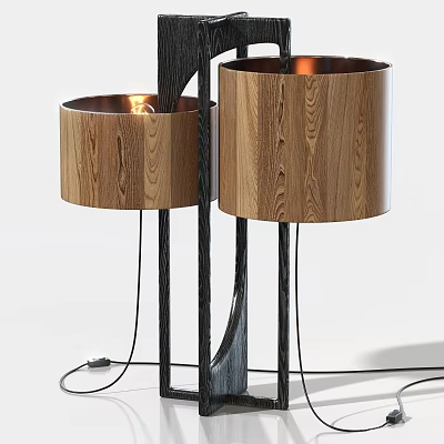 Modern Wooden Table Lamps With Oak Grain Shades And Black Metal Stands 3d model