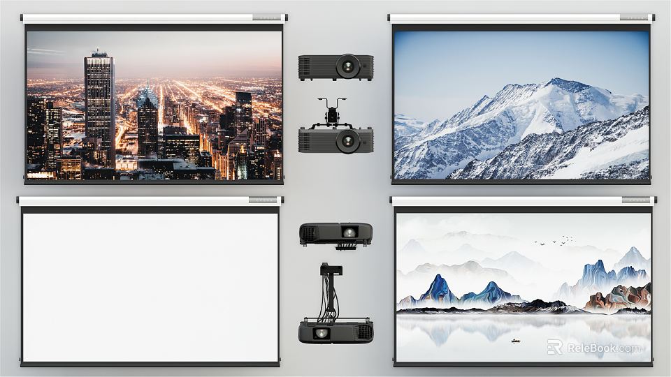 Projection Monitoring Setup With Projector And Projection Screen Displaying Scenic Views 3d model 