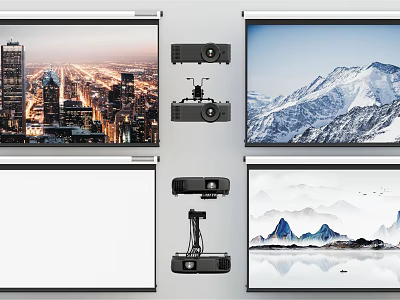 Projection Monitoring Setup With Projector And Projection Screen Displaying Scenic Views 3d model