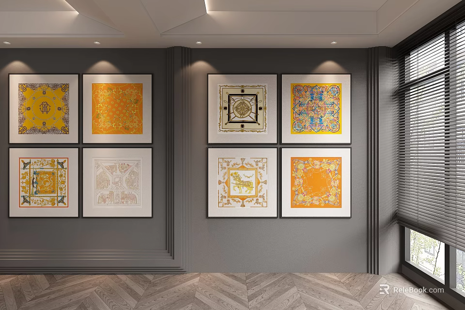 Gray Wall With Multiple Framed Decorative Paintings In Yellow And Orange Patterns 3d model