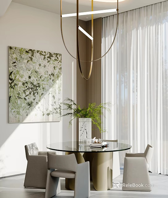 Elegant Restaurant Interior With Green Painting Round Glass Table White Vase Green Plants And Chandelier 3d model 