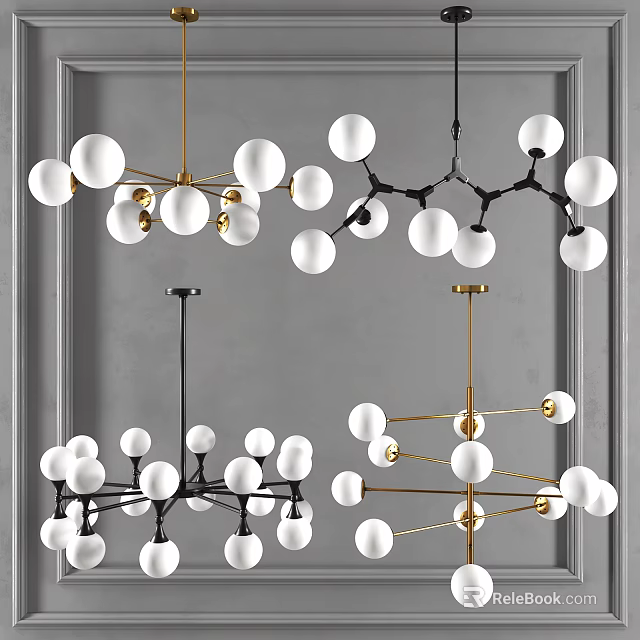 Modern Decorative Chandeliers With White Spherical Balls And Black Gold Metal Frames 3d model 