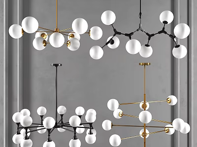 Modern Decorative Chandeliers With White Spherical Balls And Black Gold Metal Frames 3d model