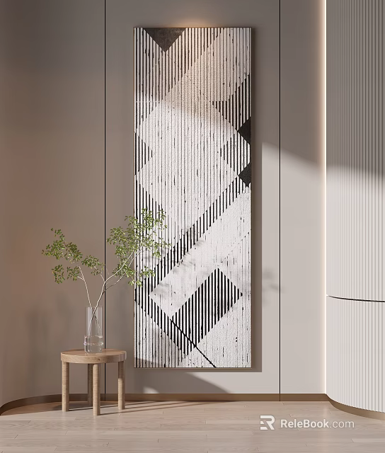 Geometric Pattern Wall Art With Green Plant On Small Wooden Table In Interior 3d model 