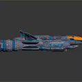 Blue And Silver Striped Spaceship With Red Glowing Engines And Orange Cockpit