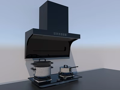 Modern Black Kitchen Range Hood With Gas Stove And Cooking Pots 3d model