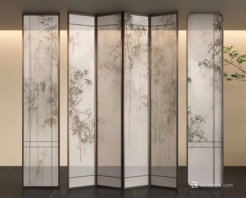 Elegant Room Divider With Bamboo Pattern Translucent Panels And Dark Metal Frame 3d model