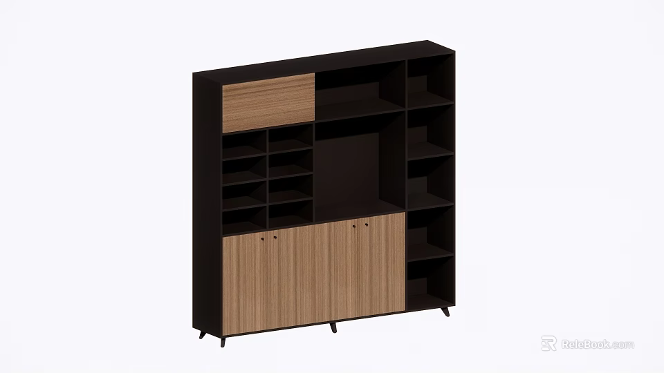 Modern Office Desk With Black Frame Wooden Cabinet And Open Storage Shelves 3d model 