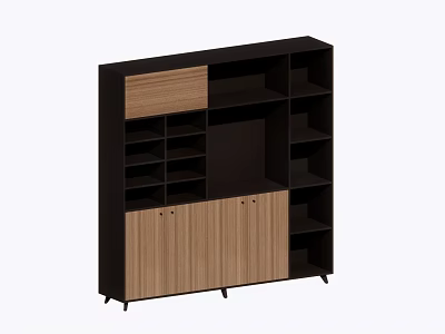 Modern Office Desk With Black Frame Wooden Cabinet And Open Storage Shelves 3d model