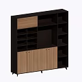 Modern Office Desk With Black Frame Wooden Cabinet And Open Storage Shelves