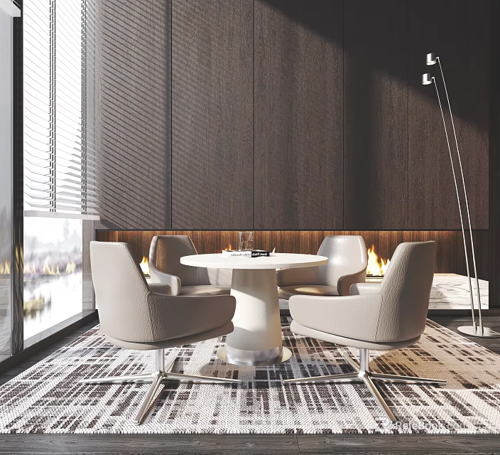 Modern Interior White Round Table And Light Gray Chairs With Walnut Wood Wall Floor Lamp Fireplace Large Window 3d model 