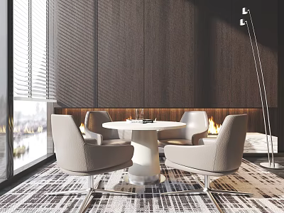 Modern Interior White Round Table And Light Gray Chairs With Walnut Wood Wall Floor Lamp Fireplace Large Window 3d model