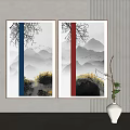 Chinese Landscape Paintings with Mountain Scenes Flying Birds and Decorative Stripes for Indoor Wall Decoration