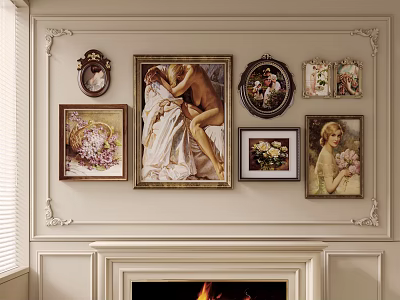 Oil Paintings Displayed On Ornate Wall Above Fireplace 3d model