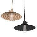 Two Stylish Metallic Pendant Lights With Gold And Black Petal Shaped Shades And Clear Bulbs