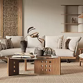 Japanese Living Room With Rattan Pendant Light Beige Sofa Wooden Coffee Table And Woven Rug