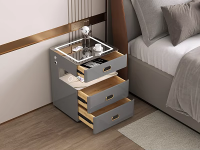 Modern Gray Nightstand with Glass Top and Drawers for Bedside Storage 3d model
