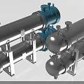 Industrial Equipment With Multiple Tubular Metal Units Blue Silver Components And Support Frames