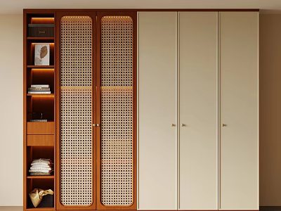 Modern Wardrobe Interior Design With Open Shelving Lattice Doors And Light Dark Wood Tones 3d model