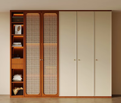 Modern Wardrobe Interior Design With Open Shelving Lattice Doors And Light Dark Wood Tones 3d model