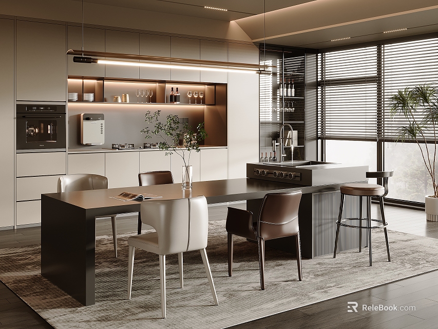 Modern Restaurant Interior With Dining Table Chairs Pendant Lights Large Windows And Green Plants 3d model 