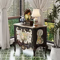 Vintage Dresser with Floral Patterns Dark Wood Frame Vase Lamp by Window and Potted Plant