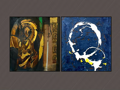 Abstract Paintings With Golden Elements Dark Tones Blue Background White Circular Design Yellow Accents 3d model