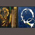 Abstract Paintings With Golden Elements Dark Tones Blue Background White Circular Design Yellow Accents