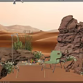 Public Office Area With Desert Sand Dunes Rocks Green Chair And Table Setup