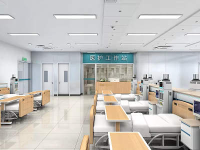 Spacious Medical Staff Workstation Interior With Beds Medical Equipment And Worktables 3d model