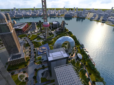 Aerial Planning of Modern Urban Landscape with River Iconic Buildings and Green Spaces 3d model