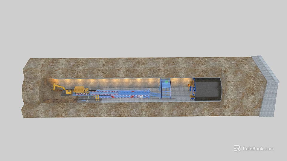 Industrial Equipment In Underground Tunnel With Excavator Conveyor Belt And Lighting System 3d model 
