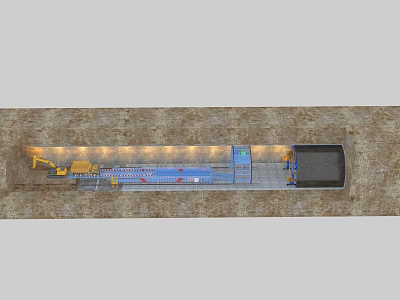 Industrial Equipment In Underground Tunnel With Excavator Conveyor Belt And Lighting System 3d model