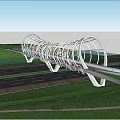 Scenic Landscape Bridge with Curved Steel Frame and Pink Flowers Over Road