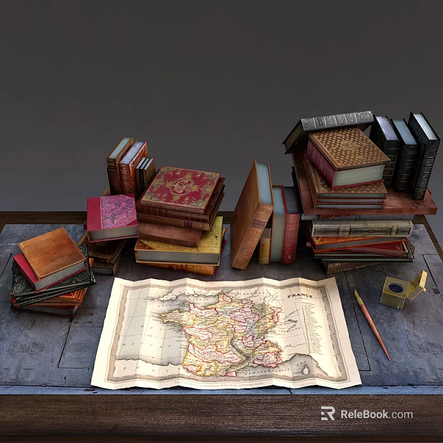 Stacked Vintage Books and Magazines with Antique Map Wooden Pencil on Rustic Table 3d model 