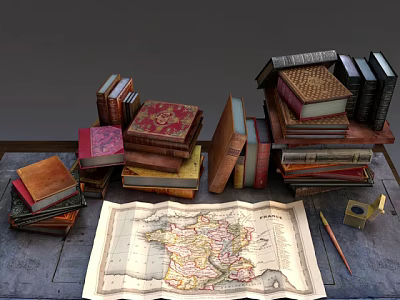 Stacked Vintage Books and Magazines with Antique Map Wooden Pencil on Rustic Table 3d model
