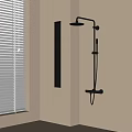 Modern Wall Mounted Shower Faucet With Handheld Spray And Black Shelf On Beige Tile Wall