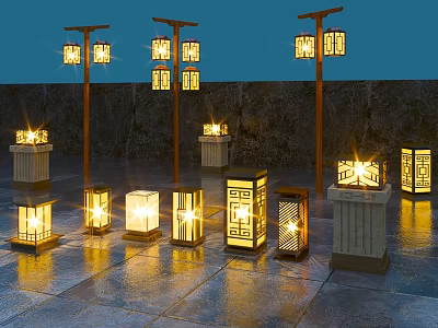 Decorative Outdoor Lights With Traditional Lantern Design Illuminated Pillar And Floor Standing 3d model