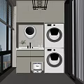 Modern Home Balcony Laundry Space With Washing Machine Dryer Storage Cabinets And Large Window